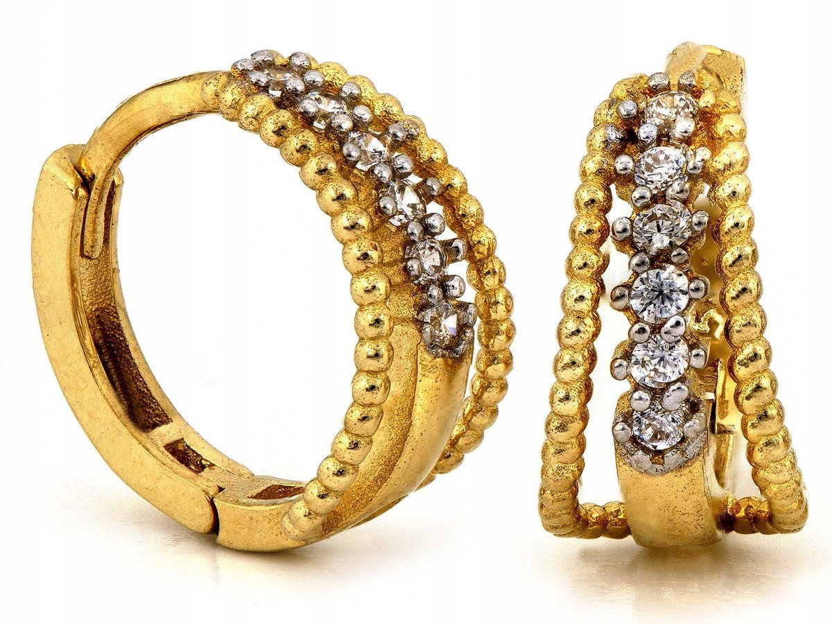 Kolczyki złote 585 ażurowe poszerzane kółeczka z cyrkoniami 1.55 na prezent