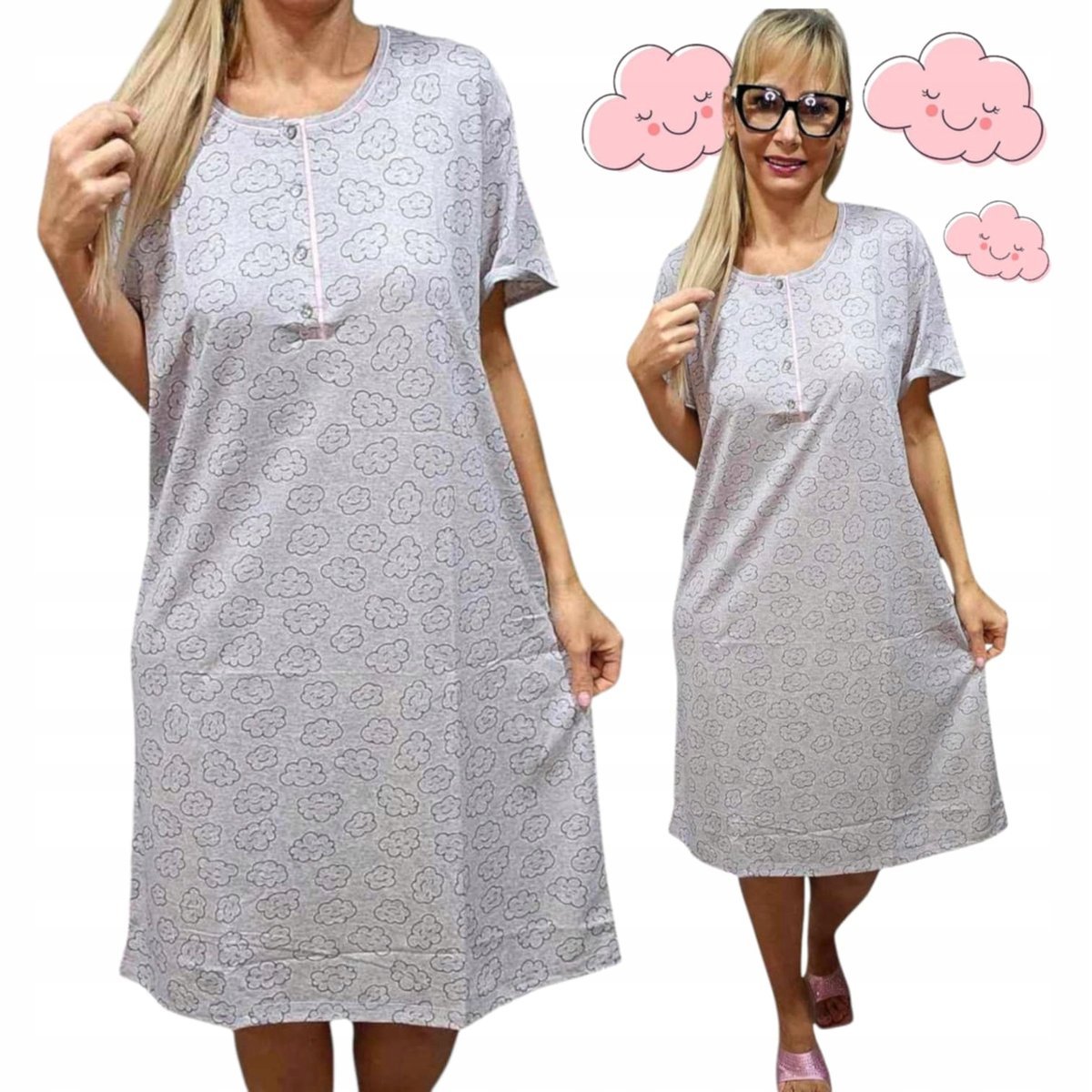 UROCZA KOSZULA NOCNA ROZPINANA Bawełna szara chmurka prezent 52 54 5xl
