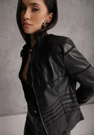 Kurtki damskie - Czarna Kurtka Ramoneska z Geometrycznymi Przeszyciami Besilda - miniaturka - grafika 1