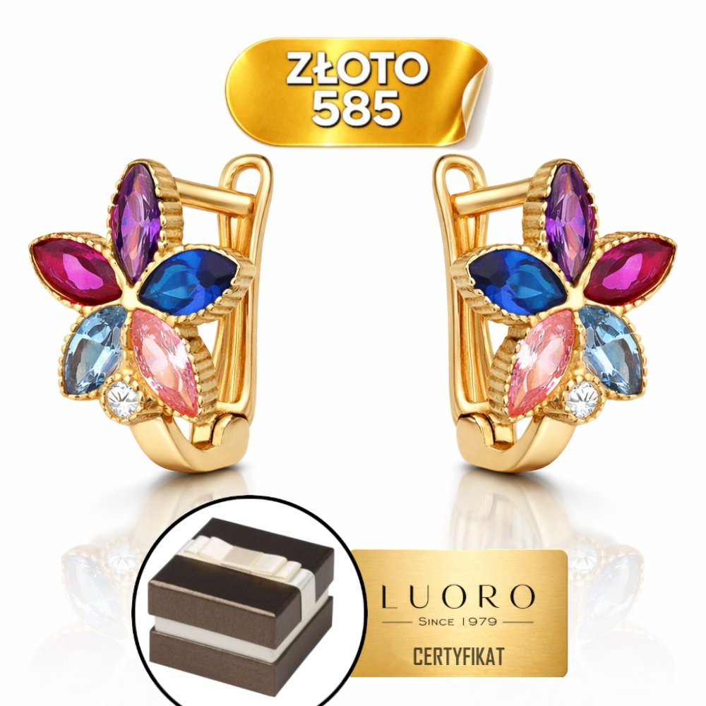 KOLCZYKI ZŁOTE 585 14K KWIATKI Z KOLOROWYMI KAMIENIAMI WYSOKOŚĆ 9,5 MM