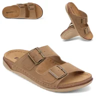 Klapki i japonki damskie - Klapki damskie Skórzana wkładka regulowane klamry lekkie Inblu Beżowe 38 - miniaturka - grafika 1