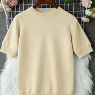 Swetry damskie - TEMU Sweter Damski z Okrągłym Dekoltem i Krótkim Rękawem w Lawendowe Odcienie - Dopasowany, Casualowy Top z Nadrukiem Kota, 100% Poliester, Możliwość - miniaturka - grafika 1