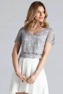 Komplety bielizny - Elegancki komplet Asymetryczna spódnica z koronkową bluzką szary ecru S - miniaturka - grafika 1