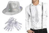 Dodatki do strojów karnawałowych - KAPELUSZ Z DIODAMI + SZELKI CEKINOWE DO SPODNI SREBRNE + KRAWAT RĘKAWICZKI - miniaturka - grafika 1