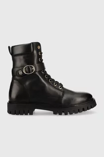 Botki damskie - Tommy Hilfiger workery skórzane Buckle Lace Up Boot damskie kolor czarny na płaskim obcasie - grafika 1