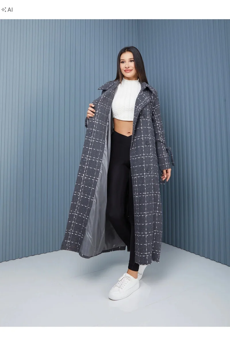 DŁUGI PŁASZCZ W KRATĘ Z WIĄZANIEM ELEGANCKI SZARY 38 5IA