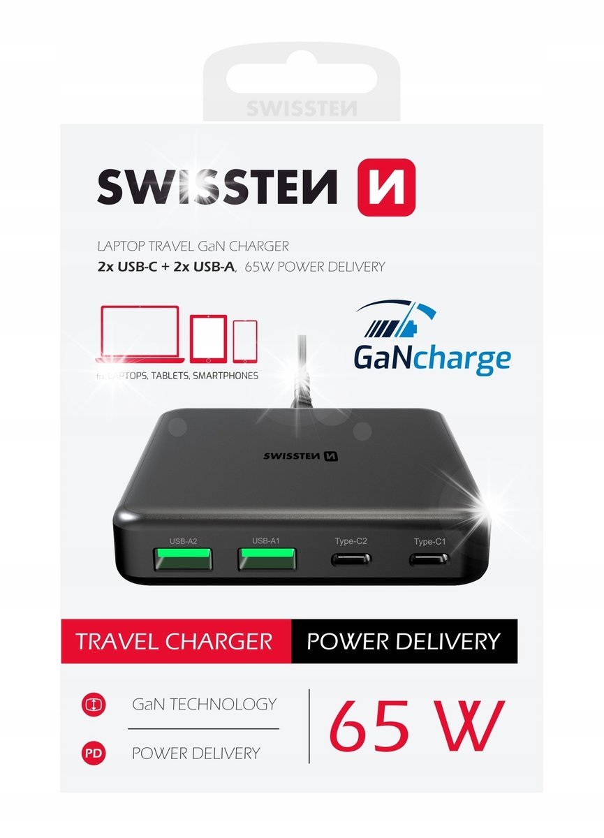 Ładowarka podróżna do laptopa tabletu smartfona Swissten 65W PD GaN
