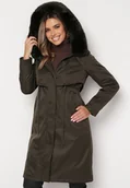 Kurtki damskie - Zielona Kurtka za Kolano ze Ściągaczem i Kapturem z Futerkiem Adoresa - miniaturka - grafika 1