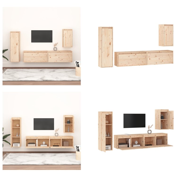 vidaXL Szafki pod telewizor 4 szt. Lite drewno sosnowe - Szafka pod TV - Szafki pod TV - Szafka pod TV drewniana - Szafka ścienna