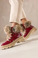 Botki damskie - Czerwone botki śniegowce damskie trapery na bieżnikowanej platformie wykończone futerkiem krokodyli wzór sznurowane Carla TW-GO54 - miniaturka - grafika 1