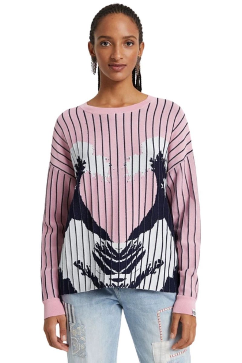 Sweter damski Desigual Chennai różowy w paski z nadrukiem-XL