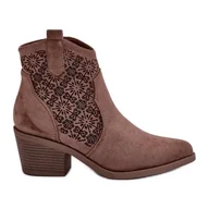 Botki damskie - Ażurowe Botki Kowbojki Na Zamek Eko Zamszowe Brązowe S.Barski HY42-944 - miniaturka - grafika 1