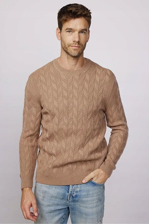 SWETER MĘSKI BEŻOWY WARKOCZOWY WZÓR OKRĄGŁY DEKOLT S 5GA*