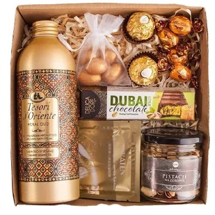 KOSZ PREZENTOWY ZESTAW BOX PREZENT dla kobiety na urodziny 18-99 CZEKOLADA DUBAJSKA DUBAJ - Zestawy upominkowe - miniaturka - grafika 1