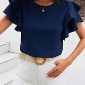 Inne - Solidna Teksturowana Bluzka Z Okrągłym Dekoltem, Elegancka Warstwowa Bluzka Z Falbaną Na Wiosnę I Lato, Odzież Damska - miniaturka - grafika 1