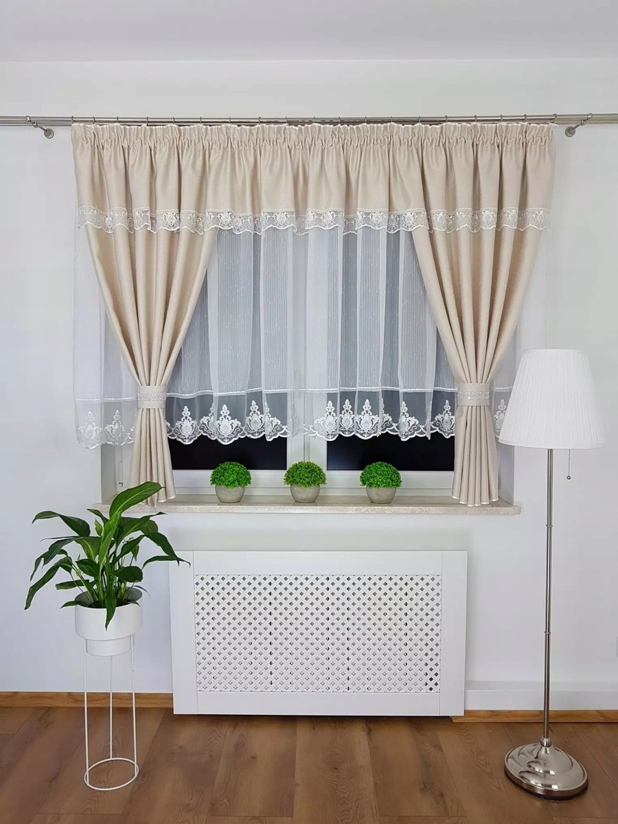 FIRANA ZESTAW OKIENNY Z ZASŁONAMI FIRANKA GOTOWA DO SALONU BEŻ NA TAŚMIE