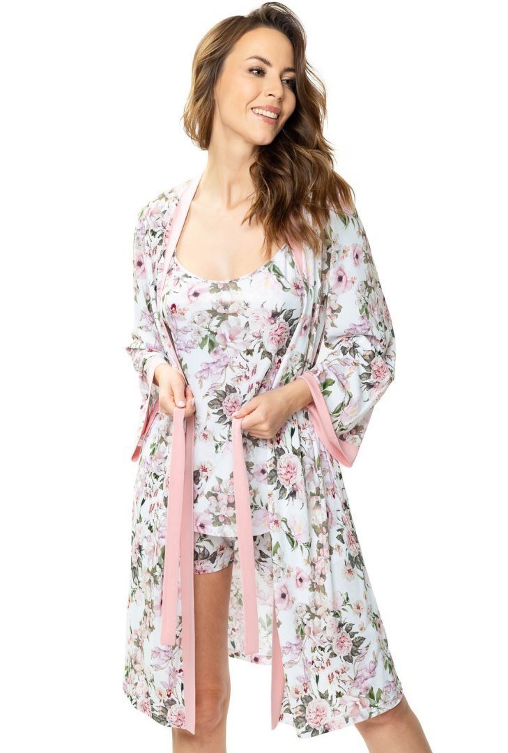 Piękny peniuar damski KAMELIA w kwiaty : Kolor - Różowe Kwiaty, Rozmiar - 46