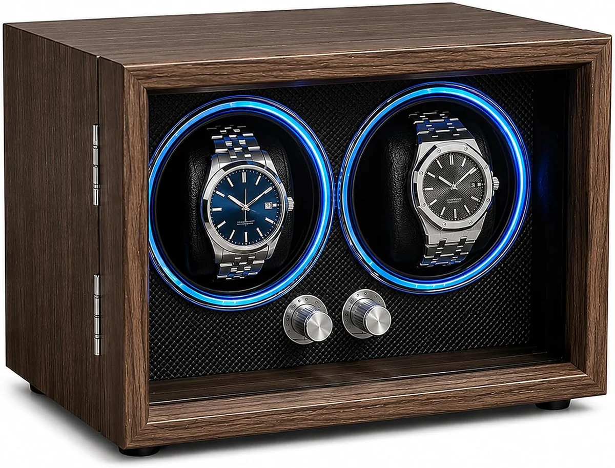 ROTOMAT 2 ZEGARKI LED DREWNO ORZECHOWE CICHY AUTOMATYCZNY LUKSUSOWY