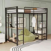 Łóżka dla dzieci i młodzieży - Łóżko piętrowe 90 x 200 cm z biurkiem, półkami i szafą - Metal + MDF - Czarne (Bez materaca) - miniaturka - grafika 1
