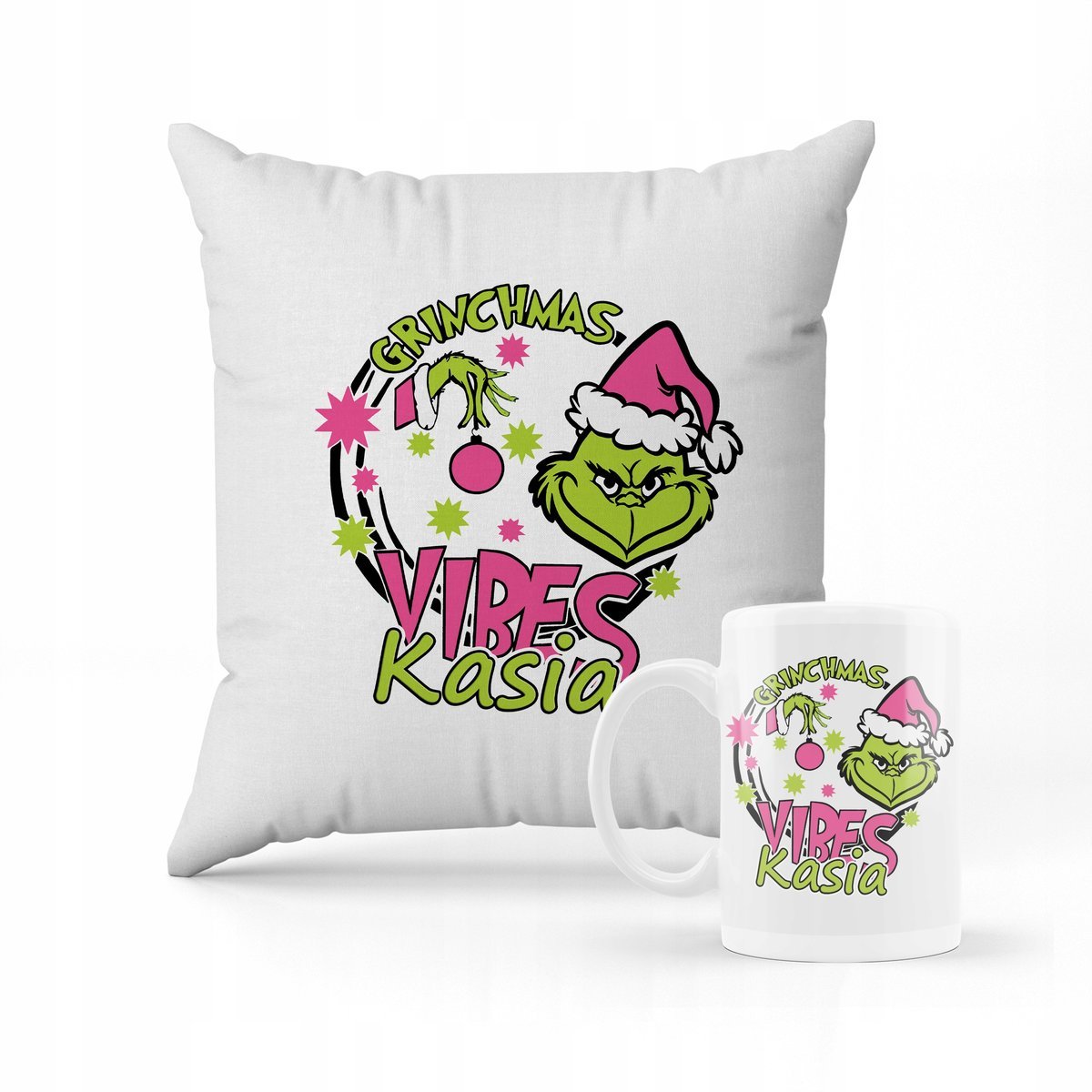 ZESTAW PODUSZKA + KUBEK Grinch święta + IMIĘ 3