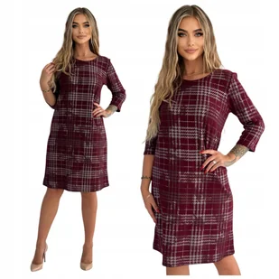 BORDOWA ŚLICZNA PROSTA SUKIENKA W KRATKĘ ROZMIAR 38 - Sukienki - miniaturka - grafika 1
