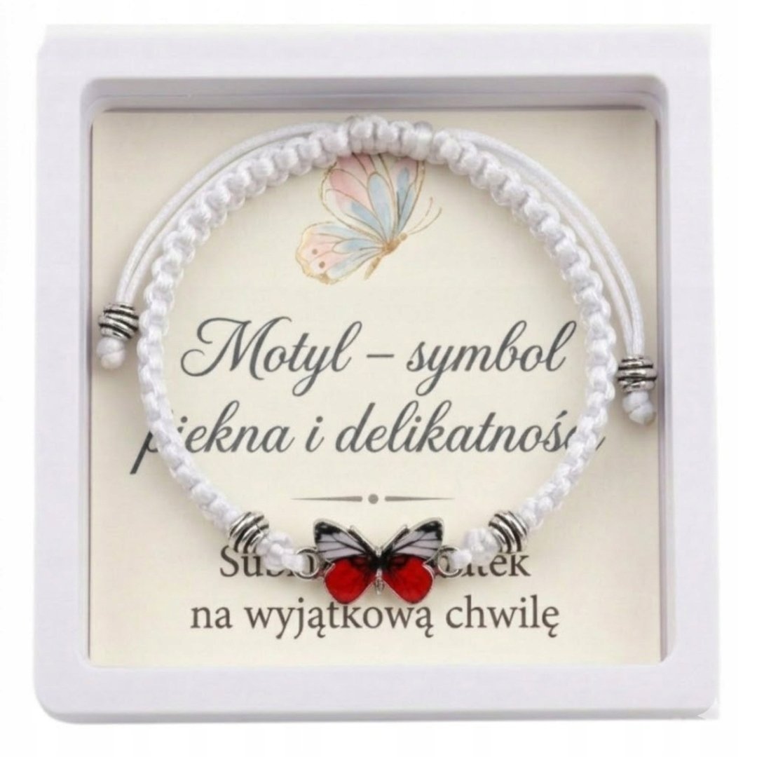 Bransoletka Regulowana Biała Sznurkowa Motyl Pudełko z Ozdobną Kartką