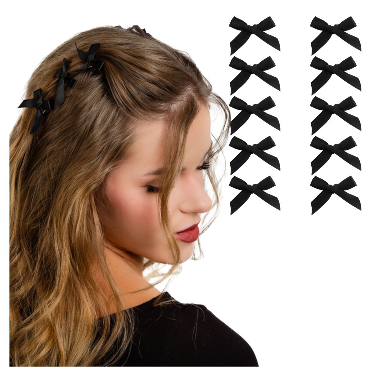 Spinka do Włosów 10 SZTUK Czarne Małe Kokardki Satynowe Wstążki z Połyskiem