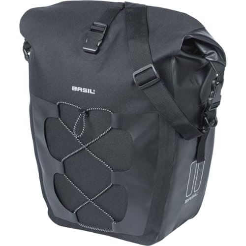 Basil Pojedyncza torba rowerowa L MIK Hooks – 25–31 l – wodoszczelna IPX3 – zamknięcie zwijane – przednia kieszeń kompresyjna – brezent/poliester – odblaskowa – odpinany pasek na ramię – czarna