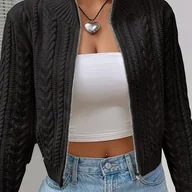 Swetry damskie - TEMU Elegancka Marynarka Damska z Zapięciem na Zamek i Stojącym Kołnierzem – Jednokolorowa Kurtka do Prania w Praniu Maszynowym, Design z Stojącym - miniaturka - grafika 1