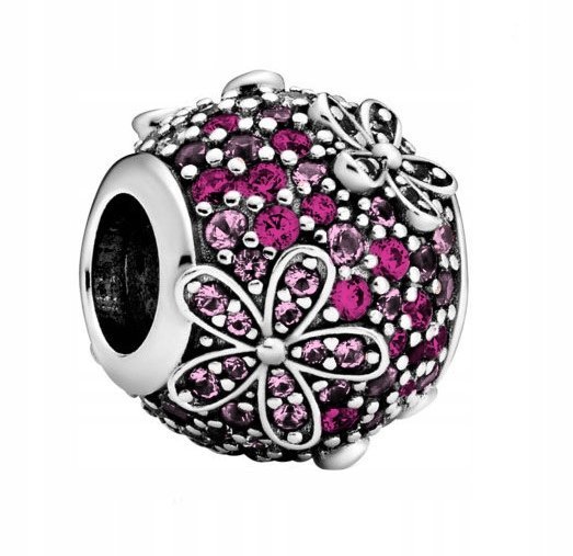 Charms Srebrny Koralik z Cyrkoniami Kwiat Flower Różowe Cyrkonie SREBRO 925