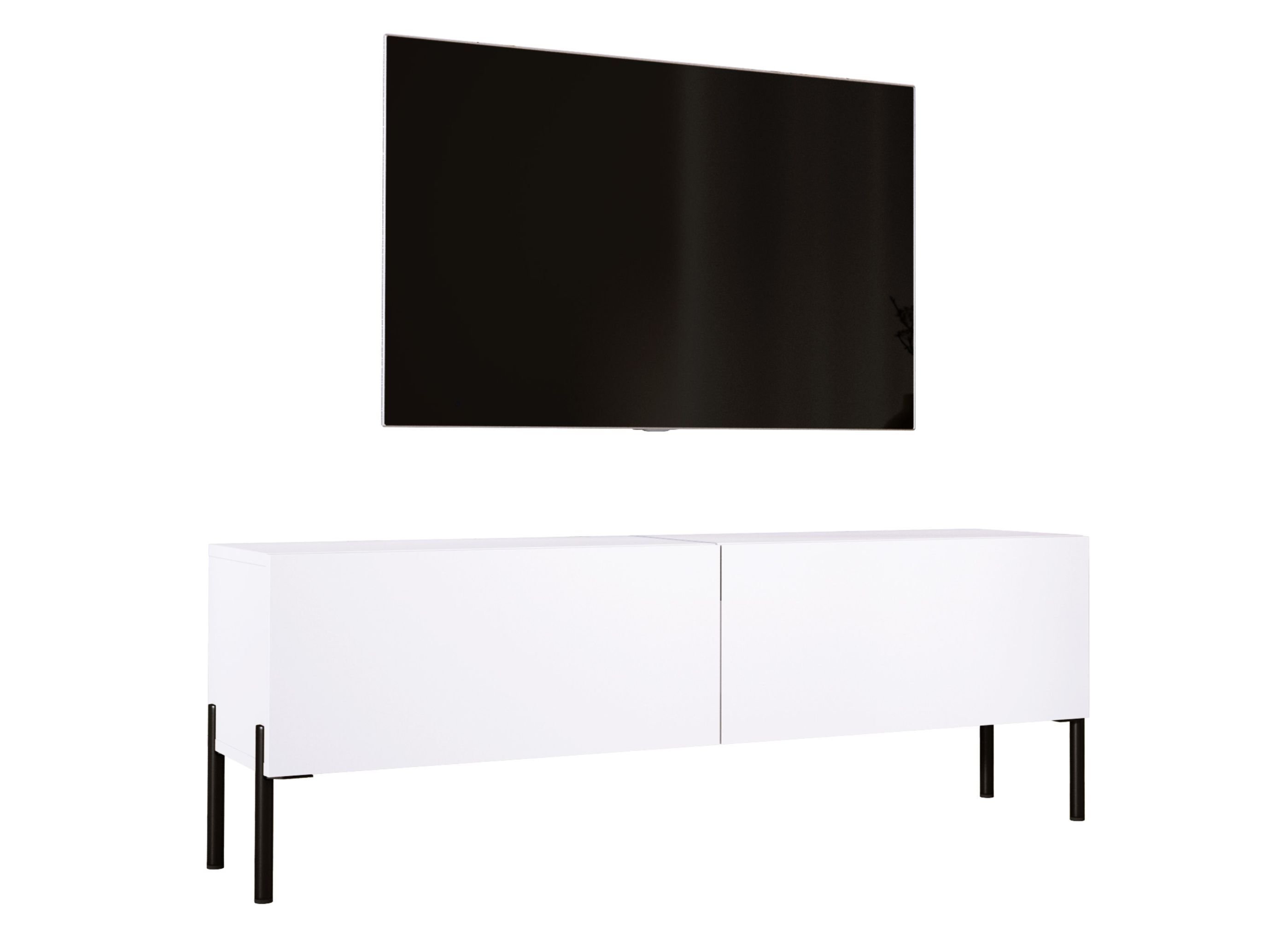 Szafka pod telewizor w kolorze białym matowym z nogami w kolorze czarnym, A: szer: 140 cm cm, wys: 52 cm, gł: 32 cm. Meble pod telewizor, stolik pod telewizor, ława pod telewizor
