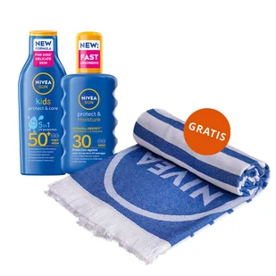 Zestaw Nivea Sun Kids Protect & Care 5w1 balsam ochronny do opalania dla dzieci SPF 50+ 200 ml +  nawilżający spray do opalania SPF 30 200 ml + ręcznik plażowy gratis - Kremy dla dzieci - miniaturka - grafika 1