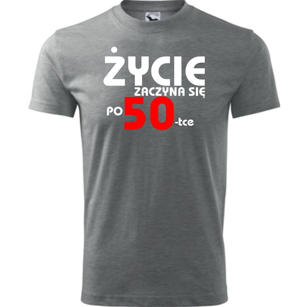 Męska Koszulka z Nadrukiem życie zaczyna się po 50 na Prezent Urodziny ciemnoszary melanż 4XL