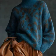 Swetry damskie - TEMU Damski Zimowy Ciepły Gruby Sweter - Turkusowo-Niebieski i Brązowy Sweter z Golfem w Bloki Kolorów, Luźny Krój z Długim Rękawem, Miękki i - miniaturka - grafika 1