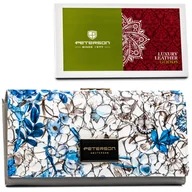 Portfele - PETERSON Skórzany duży lakierowany portfel damski szary z niebieskim kwiatowym motywem portmonetka na zatrzask i bigiel rozbudowany pojemny pudełko .. - miniaturka - grafika 1