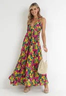 Sukienki - Żółto-Fuksjowa Rozkloszowana Sukienka Maxi Wiązana na Szyi z Wiskozy w Kwiaty Enisa - miniaturka - grafika 1