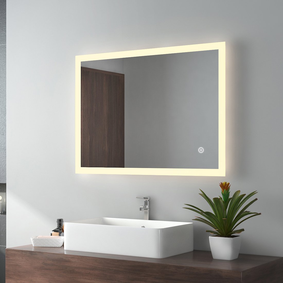 Lustro łazienkowe EMKE LED z ciepłym białym/neutralnym/zimnym białym oświetleniem 80x60cm, lustro łazienkowe z przełącznikiem dotykowym + przeciwmgielne + 3 kolory światła - energooszczędne (IP44)