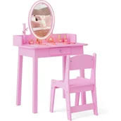 Szafy i szafki dla dzieci - Toaletka dla Dzieci z Dwukolorowym Oświetleniem LED, z Fotelem, Szuflada, Owalne Lustro, Organizer na Biżuterię, dla Dzieci w Wieku 3-8 Lat - miniaturka - grafika 1