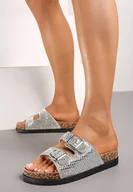 Klapki i japonki damskie - Srebrne Płaskie Klapki z Imitacją Korka Ozdobione Cyrkoniami Elawen - miniaturka - grafika 1