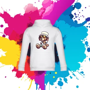 Bluza dziecięca typu kangurka z kapturem w kolorze biała z nadrukiem miś Tadzio 8 lat - Bluzy dla dziewczynek - miniaturka - grafika 1