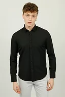 Koszule męskie - Bonamaison Męska koszula z długim rękawem, krój slim fit, kolor czarny, standardowa - miniaturka - grafika 1