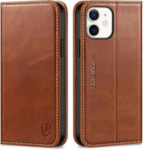 Shieldon naturalne etui skórzane do iPhone 12 12 Pro portfel retro brąz
