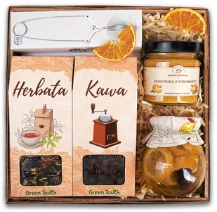 Kosz prezentowy, zestaw kawa i herbata z zaparzaczem i przetworami owocowymi - Zestawy upominkowe - miniaturka - grafika 1