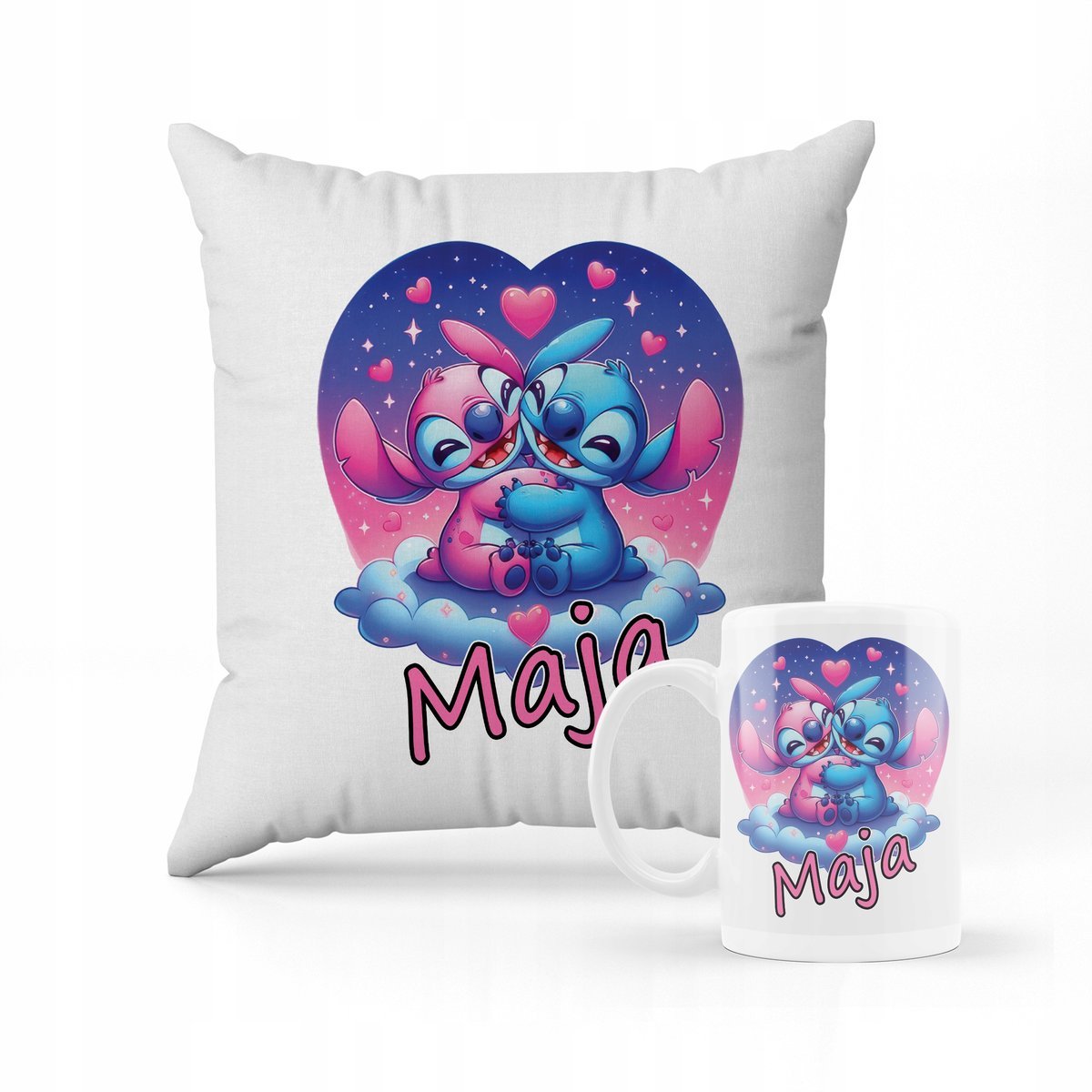 ZESTAW PODUSZKA + KUBEK stich i lilo wzory + IMIĘ