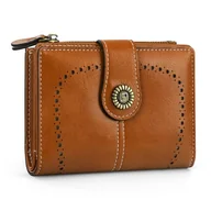 Portfele - GlasFlength Skórzany portfel damski, mały portfel damski RFID z blokadą Bifold o dużej pojemności, etui na karty z zamkiem błyskawicznym, antykradzieżowy, etui na karty kredytowe (brązowy), Brązowy, - miniaturka - grafika 1