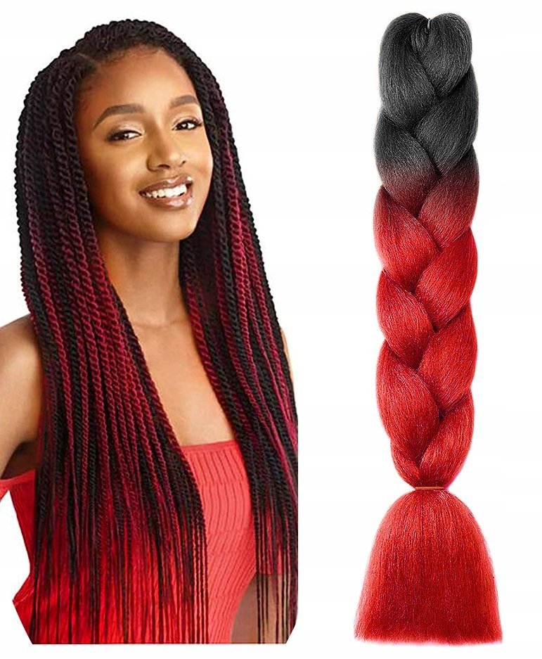 Włosy syntetyczne warkoczyki pasma black-red ombre