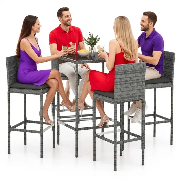 Zestaw barowy ogrodowy 5-elementowy, szary rattan PE, stal, szkło 70x70x11