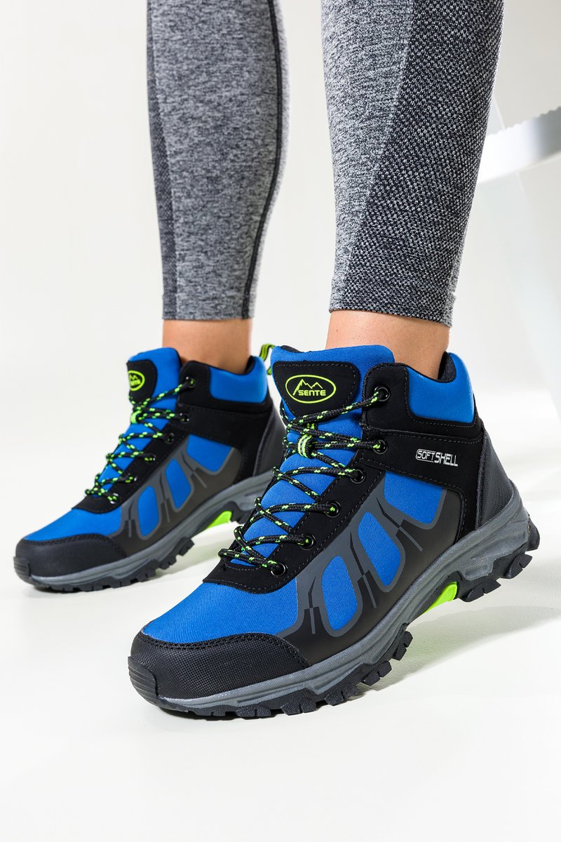 Niebieskie buty trekkingowe damskie sznurowane z czarnymi dodatkami softshell Casu B2108-3-40