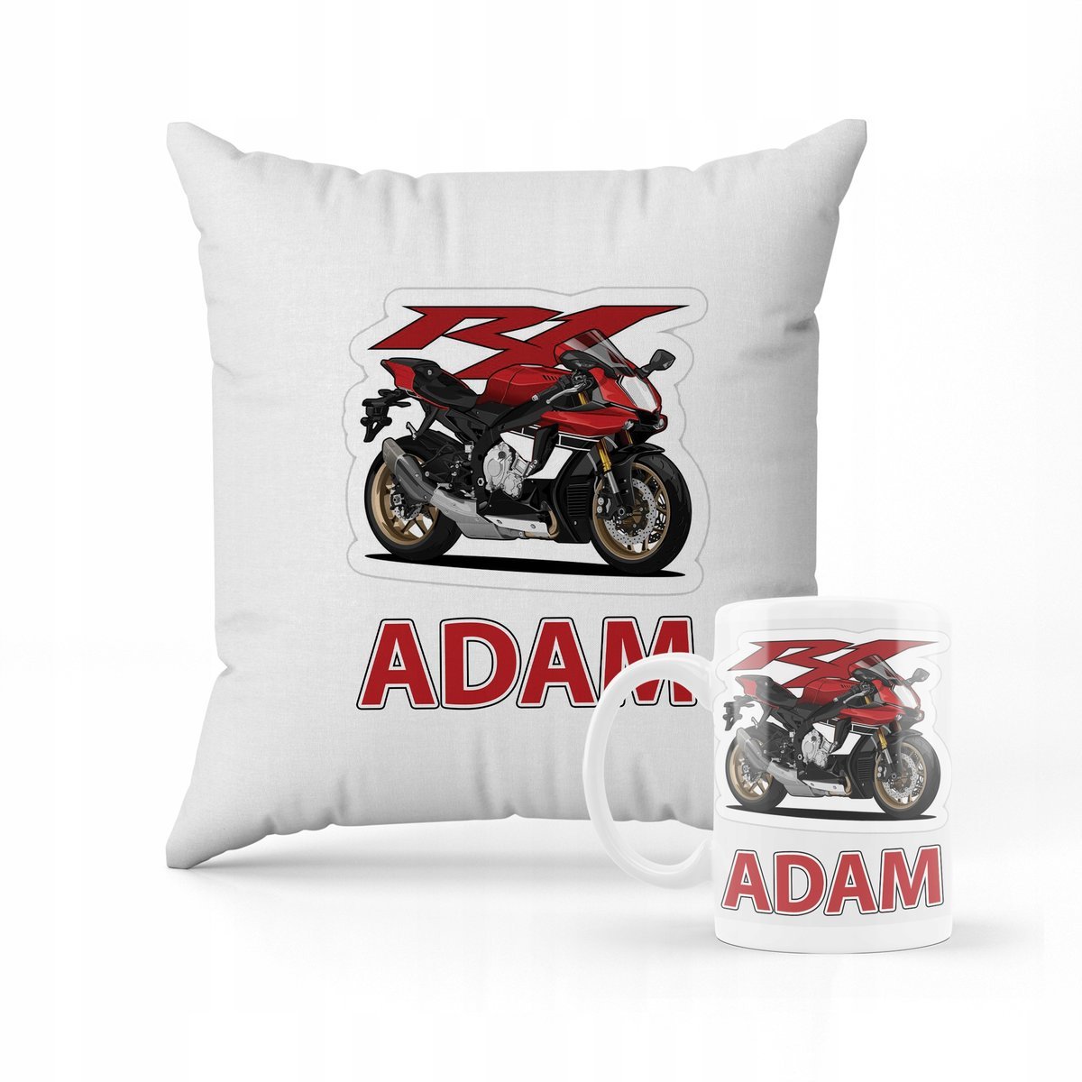 ZESTAW PODUSZKA + KUBEK PREZENT DLA DZIECKA MOTOR MOTOCYKL + IMIĘ #19