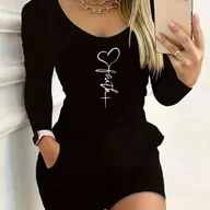 Sukienki - TEMU Kobieca Seksowna Sukienka Obcisła z Długim Rękawem z Napisem "Faith" i Nadrukiem - Poliester do Prania w Pralce, Okrągły Dekolt, Od Wiosny po - miniaturka - grafika 1